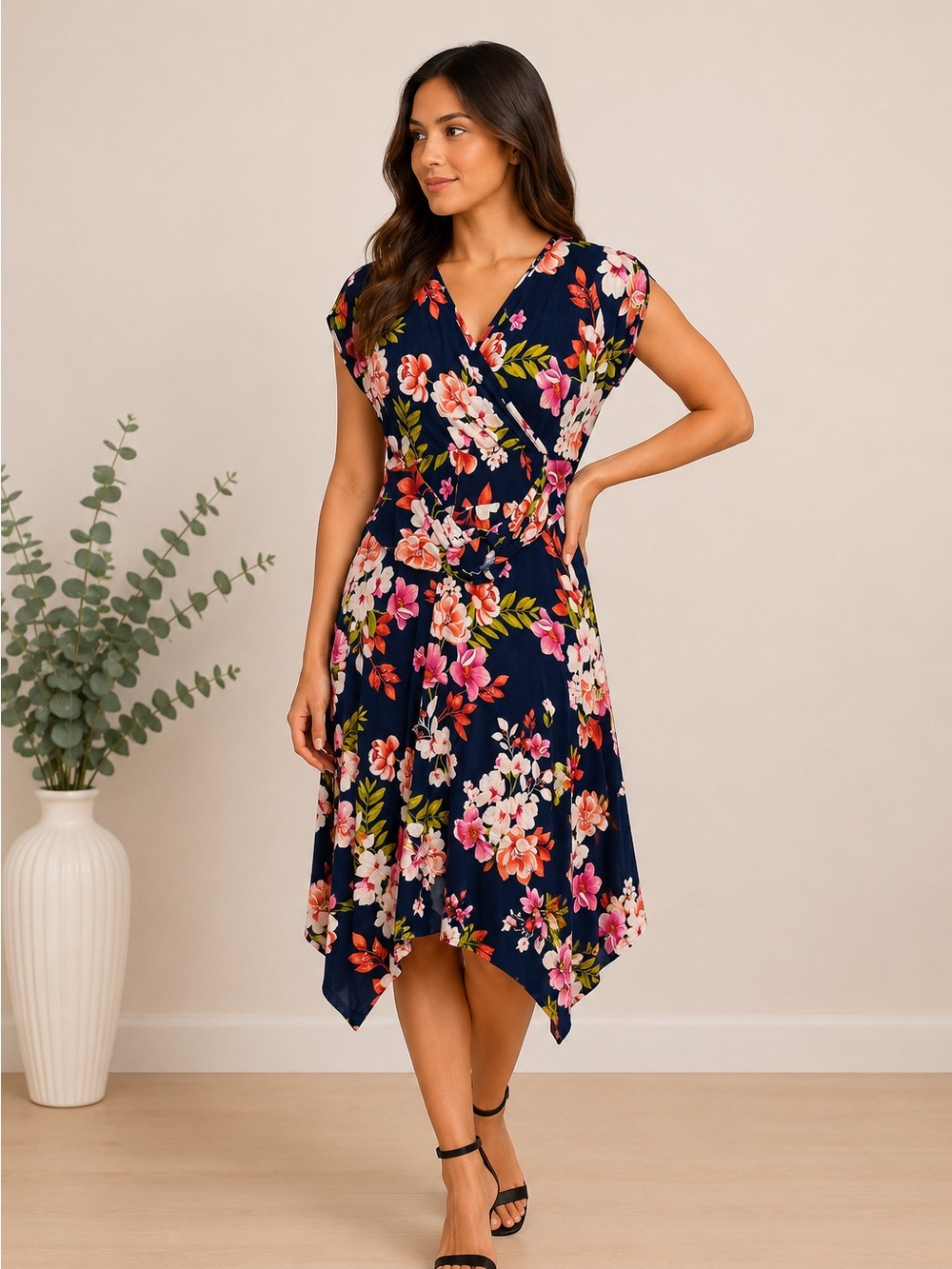 Stella + Ginger Navy Floral Handkerchief Hem Dress Light Sheer Size M